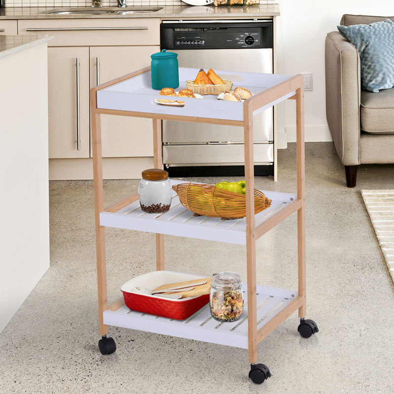 HOMCOM Küchenrollwagen mit abnehmbarem Tablett aus Bambus und MDF, Weiß und Natur, B/T/H: 46 x 35 x 74,5 cm - Bild 2