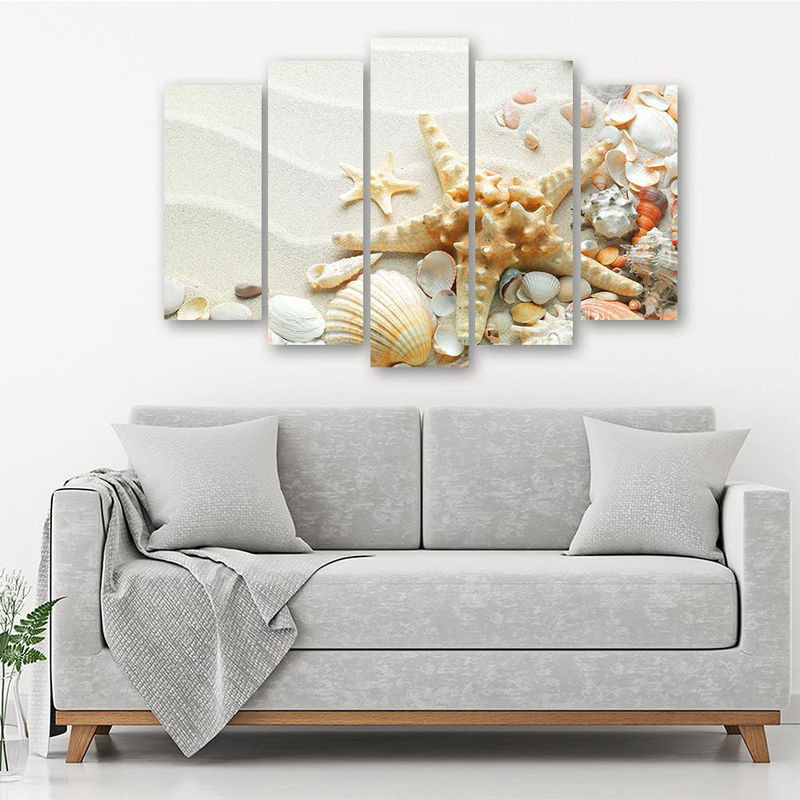 Feeby Leinwandbild 5-teilig im Querformat mit Seestern und Muscheln in Beige, Maritim, B: 100 cm, H: 70 cm - Bild 1