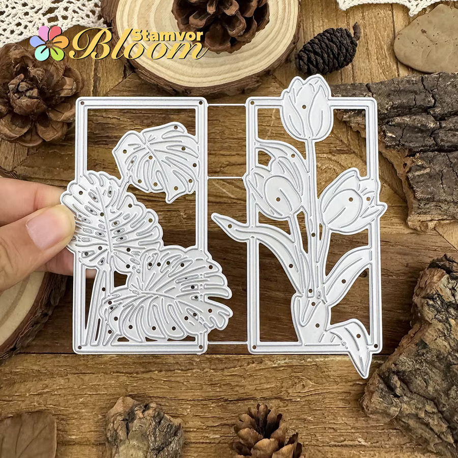 Metall-Stanzform für Scrapbooking mit Blumen, Blättern, Tulpen und Monstera Deliciosa im quadratischen Rahmen, Silber - Bild 4