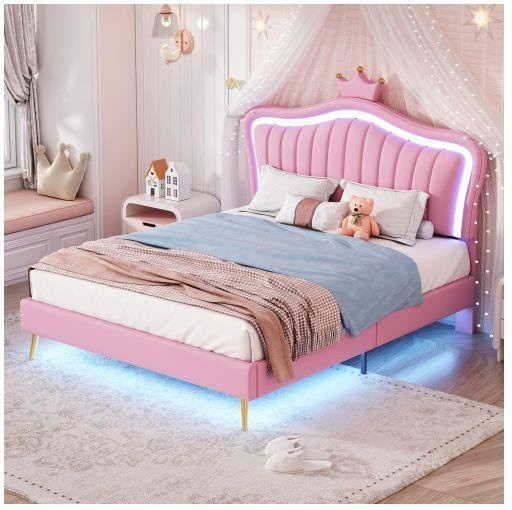 Doppelbett MUVOE Rosas Couronne in Pink mit LED-Beleuchtung und Polsterung aus PU-Leder, B/T/H: 140 x 200 cm - Bild 1
