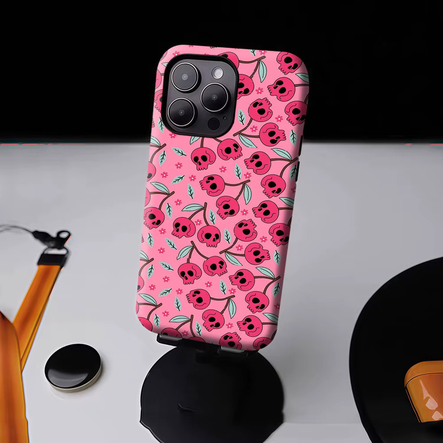 Aurbe Matte 2-in-1 MagSafe Hülle mit Totenkopf und Kirsch-Pop Design für iPhone 17 16 15 14 Plus Pro Max in Pink - Bild 4
