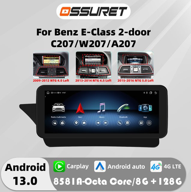 OSSURET Android 13 Autoradio mit Carplay für Mercedes Benz E-Klasse C207 W207 A207 NTG 4,0 4,5 5,0 in Schwarz - Bild 1