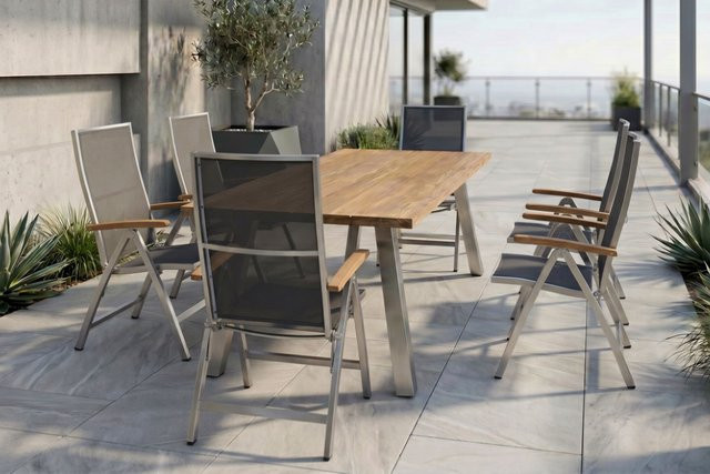 Stern Cardiff Garten-Essgruppe aus Edelstahl und recyceltem Teak in Silber/Silbergrau mit Tisch und 6 Klappstühlen, Tischmaße B: 220 cm, T: 100 cm, H: 76 cm - Bild 1