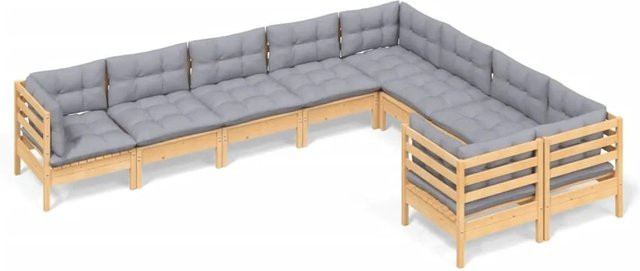 vidaXL 9-tlg. Garten-Lounge-Set aus massivem Kiefernholz in Braun-Grau mit grauen Polstern - Bild 1
