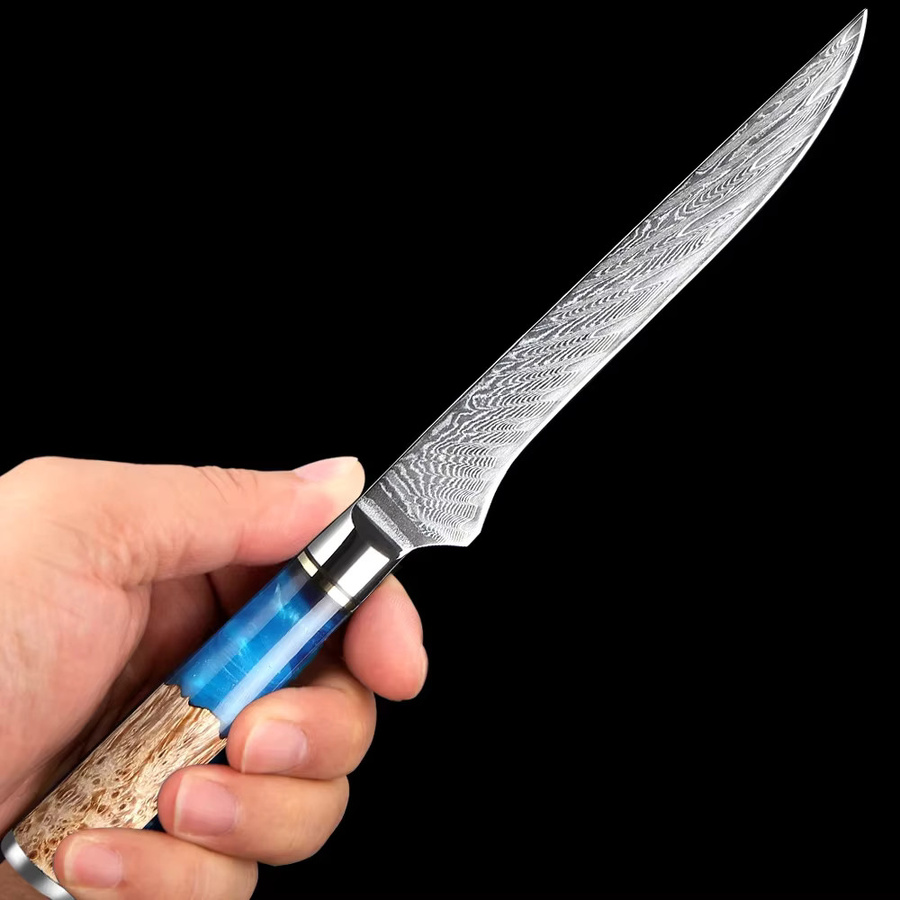 Xituo Damaskus Ausbeinmesser mit blauem Harzgriff, 15,24 cm Filetiermesser aus Damaststahl - Bild 4