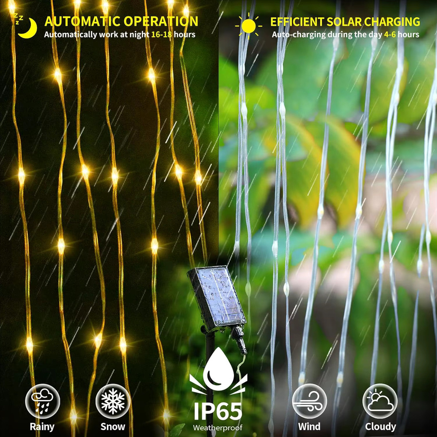 GHUSTAR Solar-Lichtvorhang für den Außenbereich mit 300 LEDs, wasserdicht, mehrfarbig, dimmbar mit Fernbedienung, Timer und Speicherfunktion - Bild 2