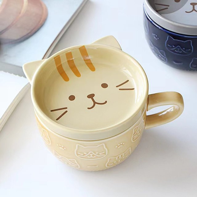 YWDL Keramik Kaffeetasse mit Deckel im Cartoon Tier Design, Grau, Porzellanbecher für Kinder und Erwachsene - Bild 1