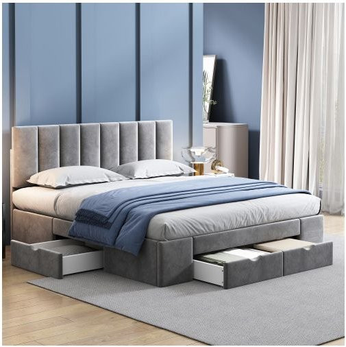 Gepolstertes Bett MUVOE in Grau aus Samt mit 4 Schubladen, B/T/H: 160 x 200 cm - Bild 1