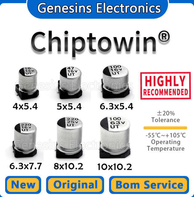 Chiptowin SMD Aluminium-Elektrolyt-Kondensatoren Set mit niedrigem ESR, 100 Stück, verschiedene Kapazitäten und Spannungen von 4,7UF bis 470UF sowie 10V bis 100V - Bild 1