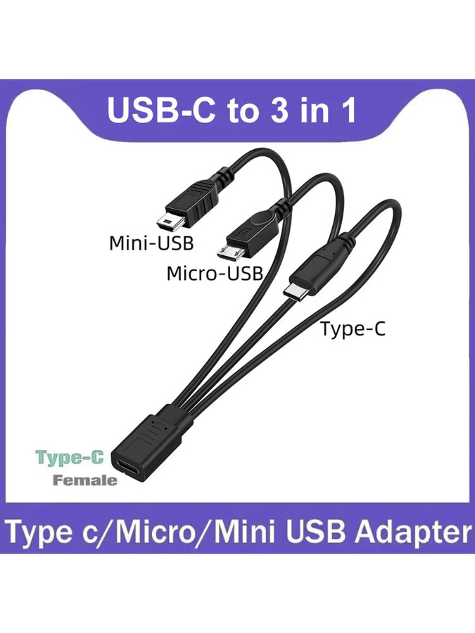 3-in-1 USB-C Splitterkabel Typ-C Verlängerungskabel mit USB-C, Micro-USB und Mini-USB Anschlüssen in Schwarz - Bild 6