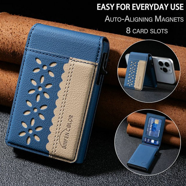 Eseble Magnetische Leder-Kartenhülle in Blau mit MagSafe-Kompatibilität und automatischer Kartenfunktion - Bild 1