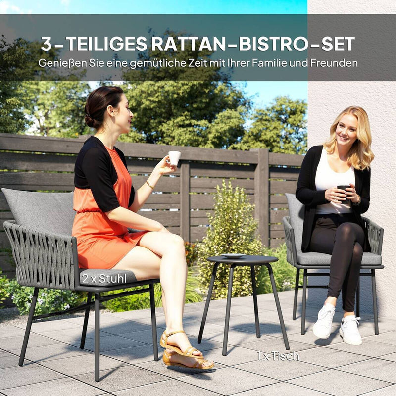 Outsunny 3-tlg. Rattan Bistroset in Grau mit 2 Gartensesseln und Couchtisch inklusive abnehmbaren Kissen - Bild 4