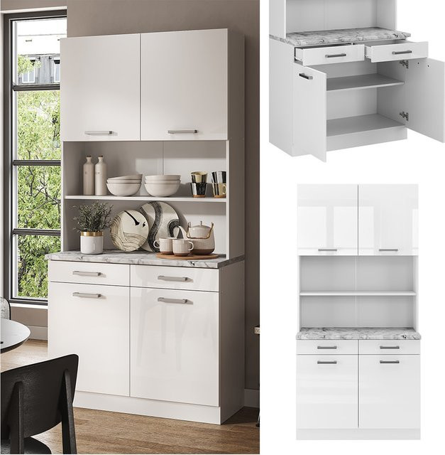 Vicco R-Line Küchenzeile Weiß Hochglanz mit Marmor Arbeitsplatte, Breite: 100 cm, Höhe: 206 cm, Tiefe: 60 cm - Bild 1