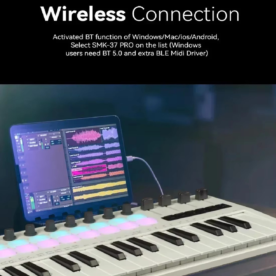 M-VAVE SMK-37 Pro MIDI-Controller Tragbares Digital-Keyboard mit 16 RGB-Pads und 8 Drehreglern in Schwarz - Bild 5