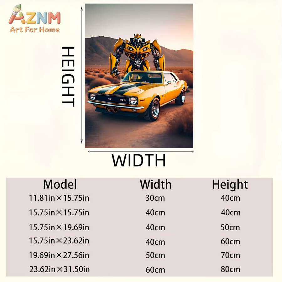 AZNM Transformers Bumblebee Classic Yellow Camaro Muscle Car Poster als rahmenlose Leinwand-Wandkunst mit Roboter-Charakterdruck - Bild 3