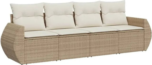 vidaXL 4-tlg Garten-Sofagarnitur aus Poly-Rattan in Beige mit Kissen und pulverbeschichtetem Stahlgestell - Bild 1