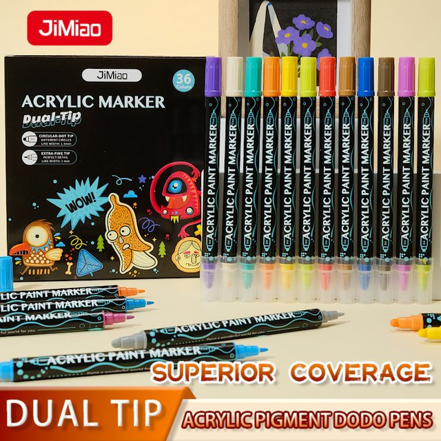 Jimiao Dual-Tip Acrylmarker-Set mit runder und feiner Spitze, wasserbasierte Farben in Multicolour - Bild 1