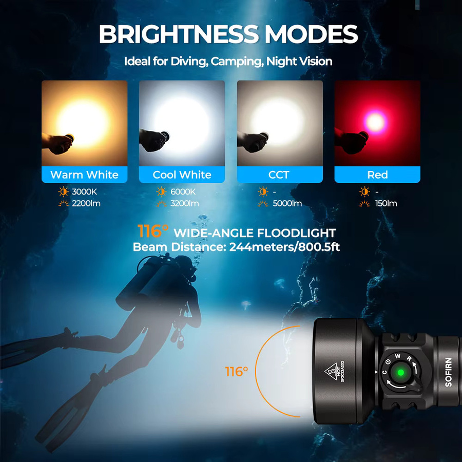 Sofirn SD11 Tauchlampe mit 5000lm, IPX8 wasserdichte Unterwasserleuchte, Weiß und Rot, USB-C wiederaufladbare LED Taschenlampe - Bild 4