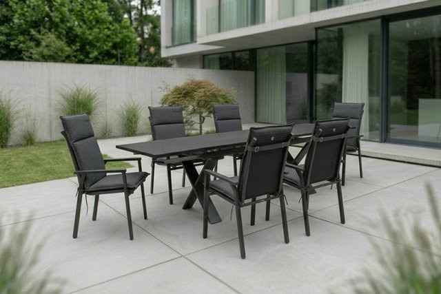 Kettler BasicPlus Pro Garten-Essgruppe in Anthrazit mit ausziehbarem Tisch und 6 Stapelsesseln aus Aluminium und Spraystone - Bild 1