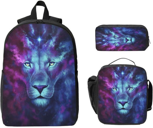3-teiliges Schulranzen-Set mit Rucksack, Federmäppchen und Brotdose Löwen-Design von Fancy Style Studio in Blau/Mehrfarbig - Bild 1