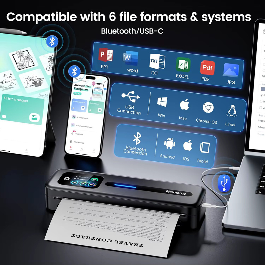Phomemo M832D Tragbarer Thermodrucker mit Touchscreen, Tintenlos, unterstützt A4 und US Letter, kompatibel mit iOS, Android und PC, Schwarz - Bild 5