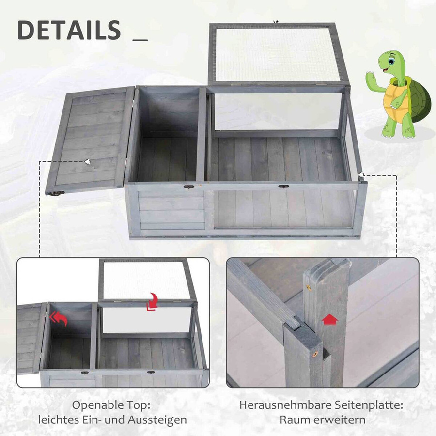 PawHut Schildkrötenhaus aus Holz in Grau mit abnehmbarem Dach und wetterfestem Design, B/H/L: 60,5 x 32 x 91 cm - Bild 3