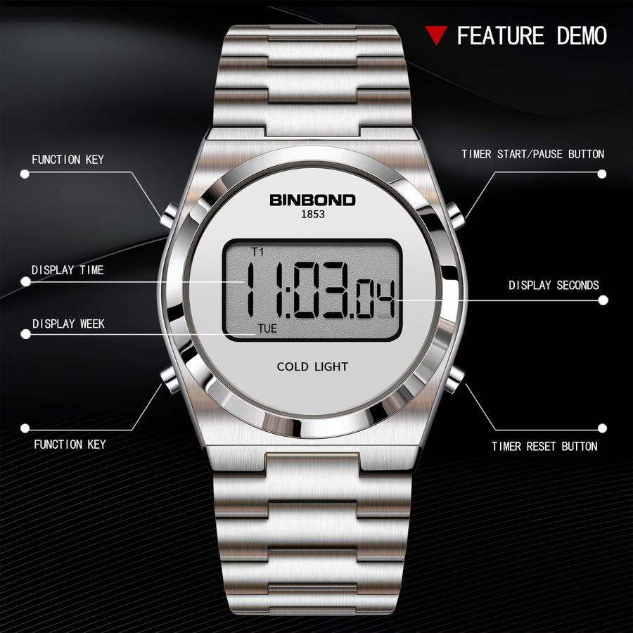 BINBOND Digitaluhr, Edelstahl, Silber, Herren - Bild 3