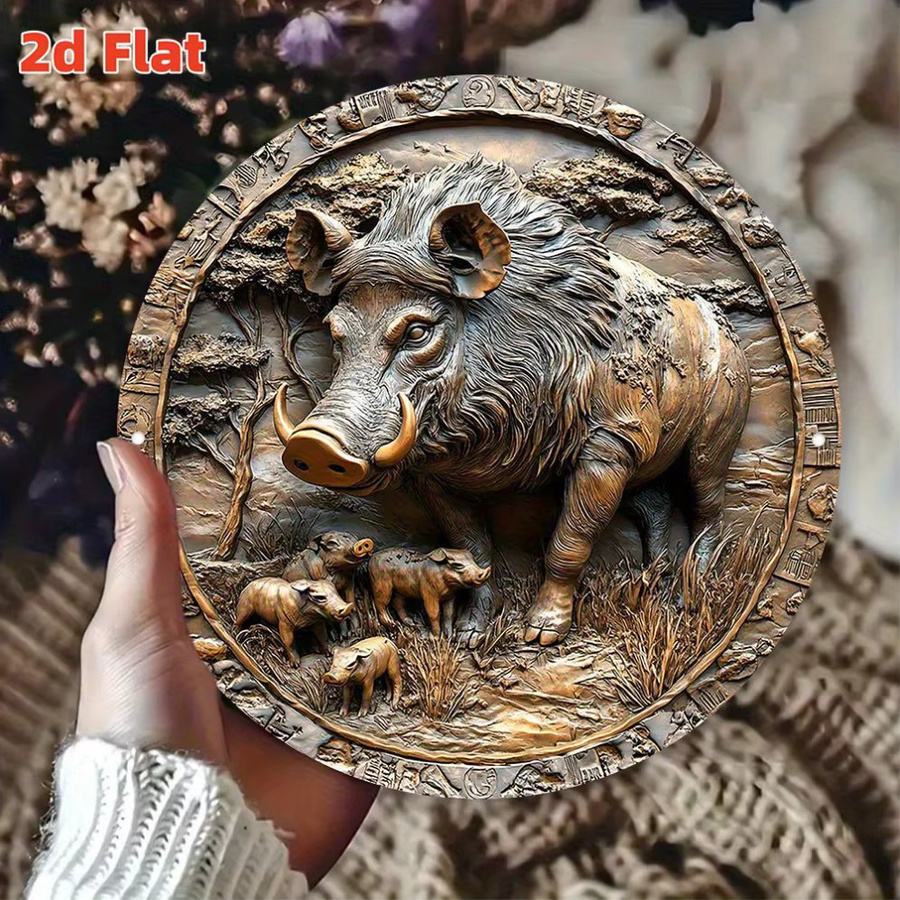 HELLOYOUNG Wildschwein Wandkunst aus Metall, 2D Tier-Skulptur in runder Form für Innen- und Außenbereich, Durchmesser: 20 cm - Bild 3