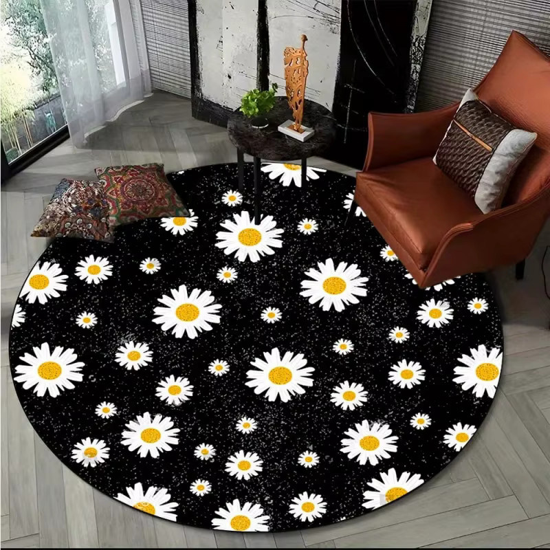VIKAMA Runder Teppich Fresh Daisy in Schwarz, waschbare Bodenmatte mit floralem Design für Schlafzimmer, Büro und Eingangsbereich, Durchmesser: 80 cm - Bild 4