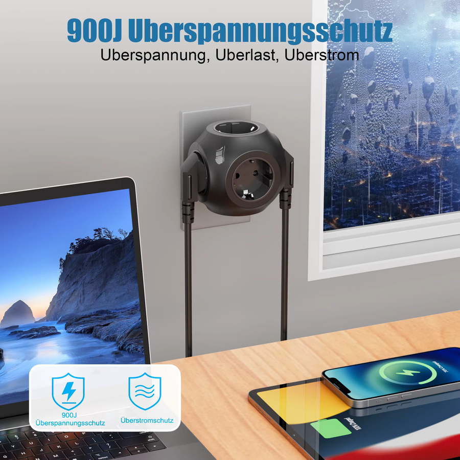 Steckdosenleiste mit 5 Steckdosen für Wandmontage, 4000 W, Schwarz, EU-Stecker - Bild 4