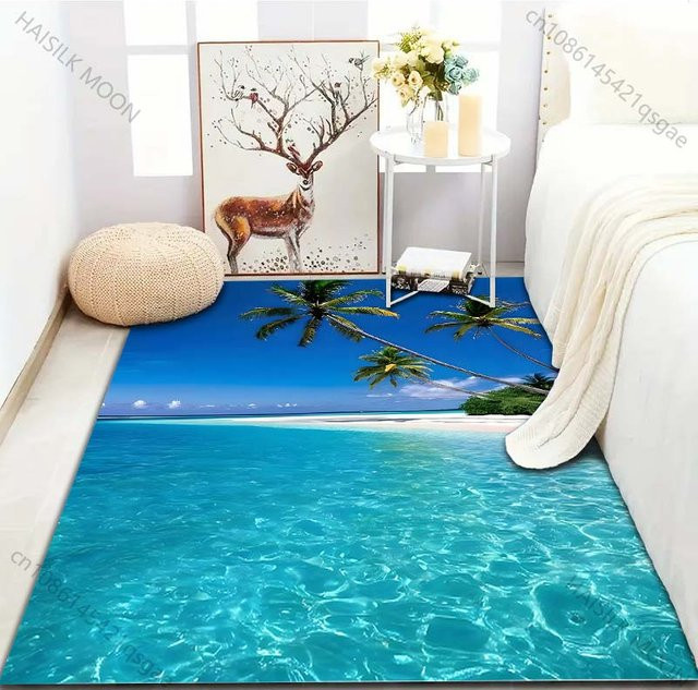 UQIDEHOME Sommer Strand Kokospalmen Teppich mit rutschfester Bodenmatte für Wohnzimmer und Schlafzimmer, B/T: 60 x 40 cm, Mehrfarbig - Bild 1