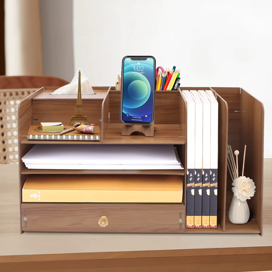 Bymaocar Desktop-Organizer aus Holz in Braun, 4-lagiges Aufbewahrungsregal für A4-Dateien und Schreibwaren mit Telefonständer und Taschentuchbox, B/T/H: 48 x 23 x 28 cm - Bild 2