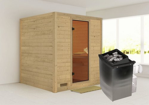 Karibu Sauna Sindi aus Fichtenholz in Beige inklusive 9 kW Saunaofen mit integrierter Steuerung für 4 Personen, B/T/H: 184 x 209 x 193 cm - Bild 1