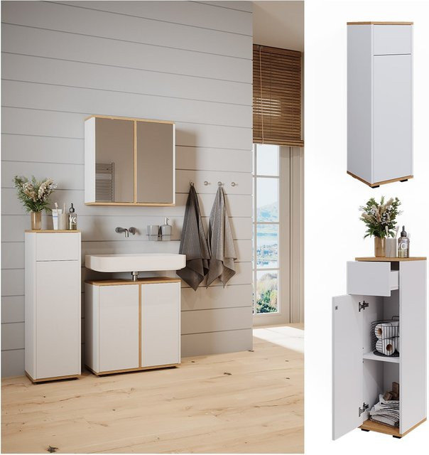 Vicco Midischrank Didi Badezimmerschrank in Weiß und Eiche mit Schublade und Regalfächern B/T/H: 30 x 30 x 97 cm - Bild 1