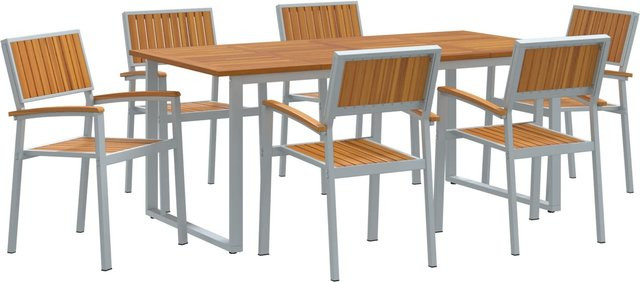 vidaXL 7-teilige Garten-Essgruppe in Grau aus pulverbeschichtetem Aluminium und Akazienholz, B/T/H: 250 x 155 x 75 cm - Bild 1