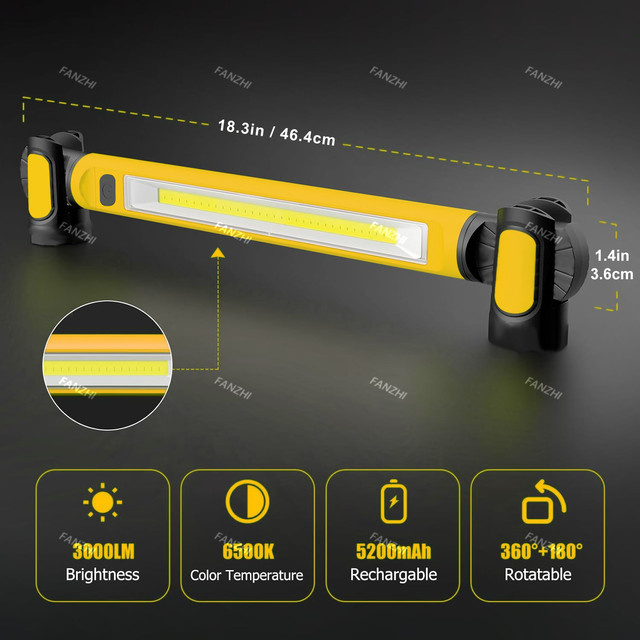 FANZHI Magnetische Arbeitsleuchte in Gelb mit 5200mAh Akku als wiederaufladbare LED Arbeitslampe für professionelle Autoreparatur und Außenbeleuchtung - Bild 1