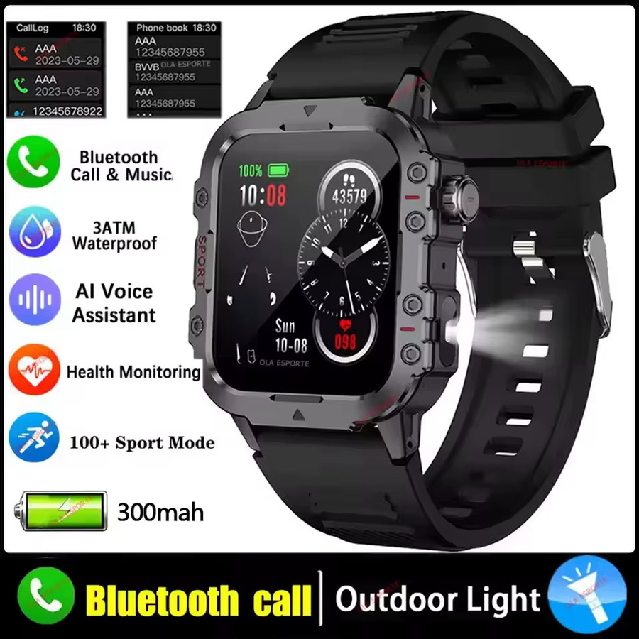 Ola Esporte Militär-Smartwatch für Herren in Schwarz mit 2,01 Zoll HD-Touchscreen, Bluetooth-Anruffunktion und LED-Taschenlampe - Bild 6
