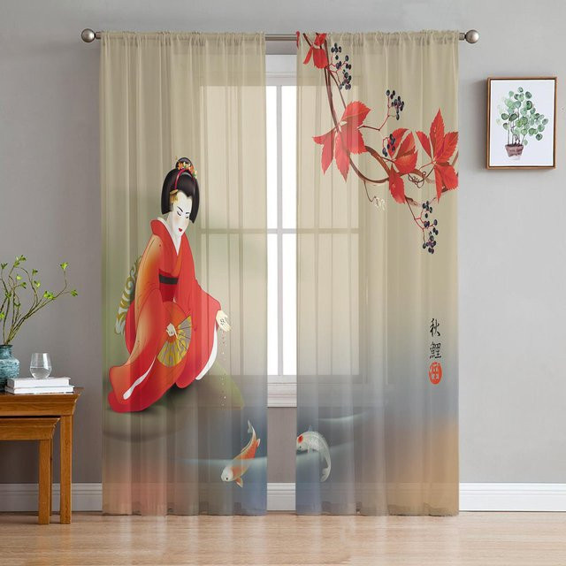 Transparente Vorhänge mit Japanischem Geisha Karpfen und Ahornblatt in Beige, Tüll Voile Organza für Wohnzimmer und Küche, Breite: 135 cm, Höhe: 115 cm - Bild 1