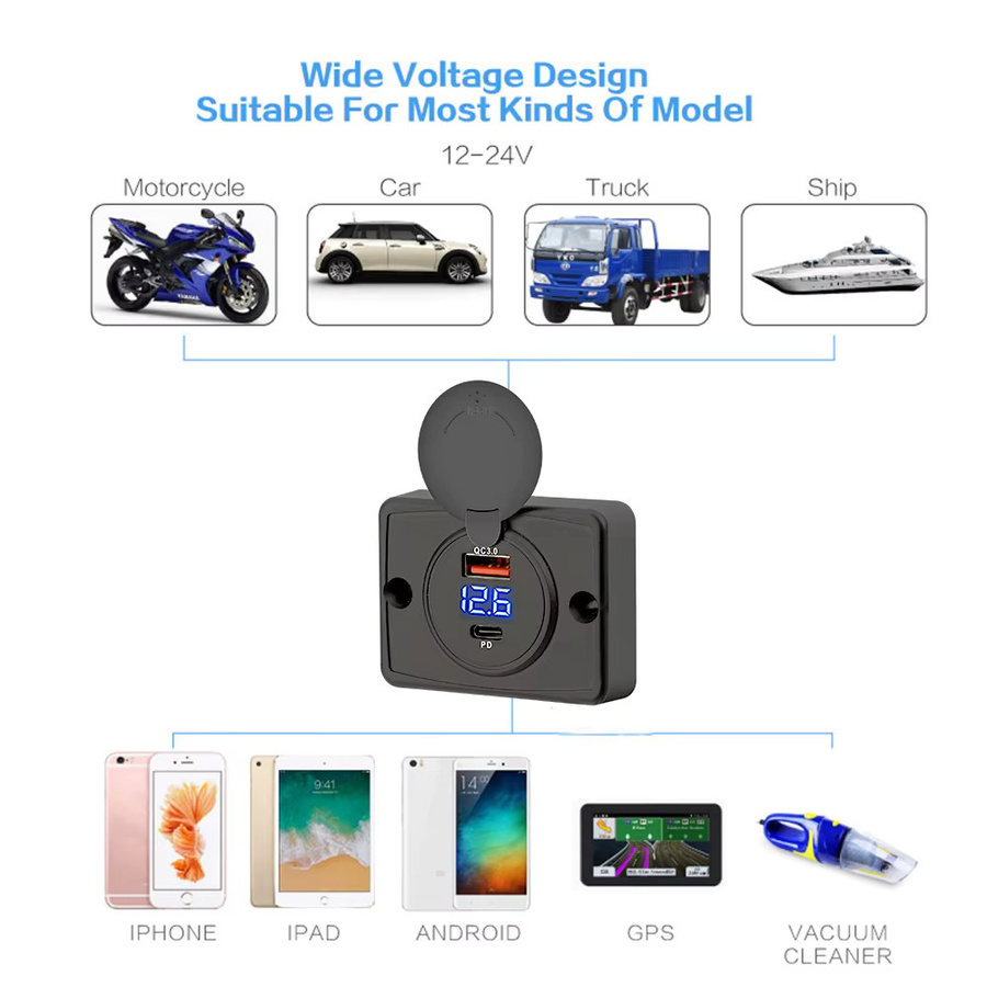 Kebidumei Dual USB Ladegerät Adapter mit PD und QC3.0 USB-C Steckdose für Auto, Motorrad und Boot, Schwarz - Bild 3