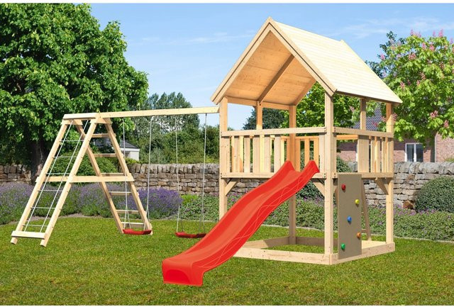 Karibu Spielturm Luis Doppelschaukel mit Klettergerüst, Kletterwand und Rutsche in Rot - Bild 1