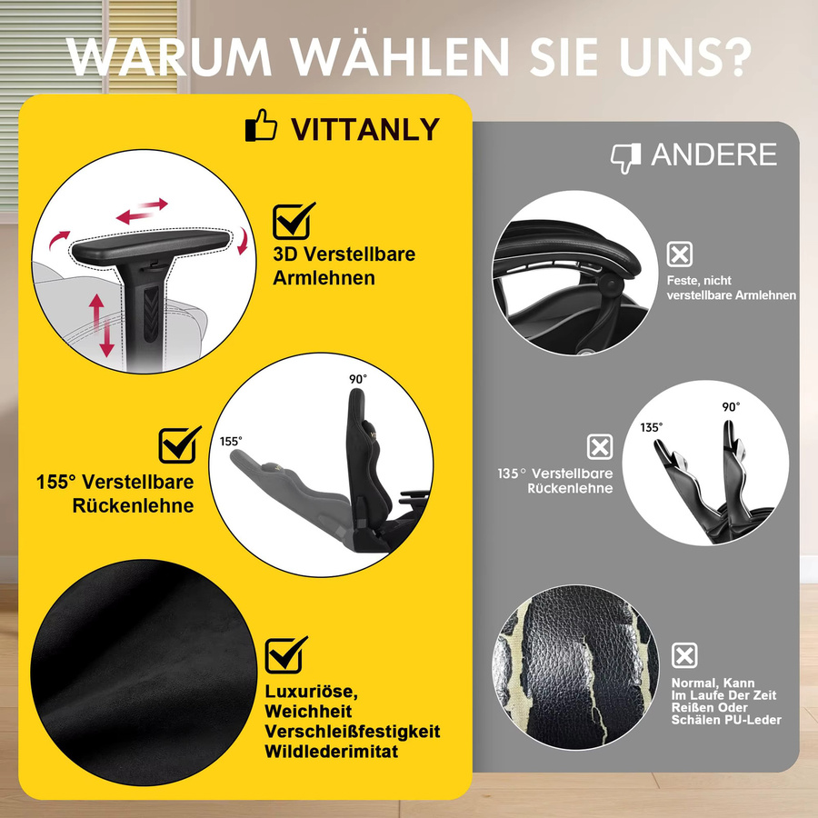 Vittanly Gaming-Stuhl aus Wildlederimitat in Schwarz-Grau mit Fußstütze, Kopfstütze, Lendenkissen und 3D-Armlehnen - Bild 2