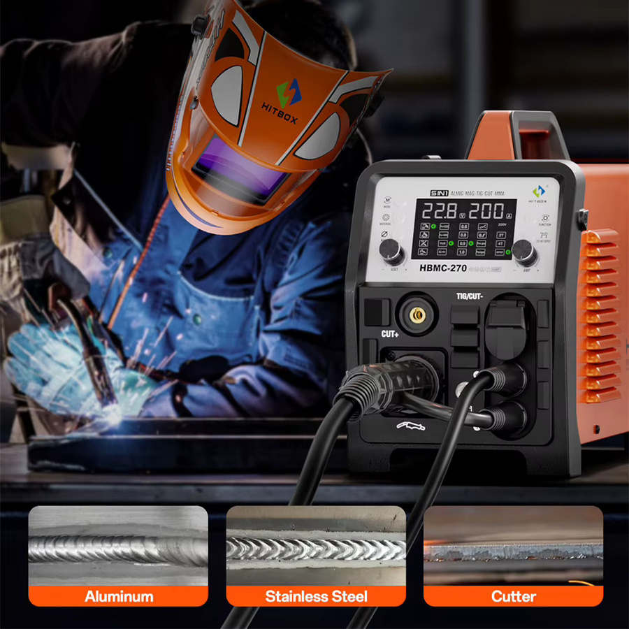 HITBOX HBMC270 Aluminium MIG-Schweißgerät mit synergischer Steuerung, 6-in-1 Multifunktionsgerät für MIG, Stick MMA, ARC, HF TIG und CUT, Gas/Gaslos sowie Punktschweißen für Aluminium und Edelstahl mit großem LED-Display und IGBT-Inverter - Bild 3
