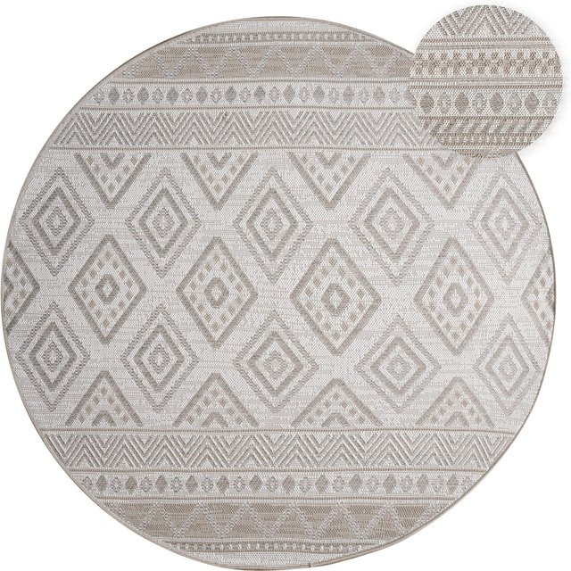 Verona In- & Outdoor-Teppich in Beige, Rund, Durchmesser: 160 cm, Rautenmuster im Boho-Stil - Bild 1