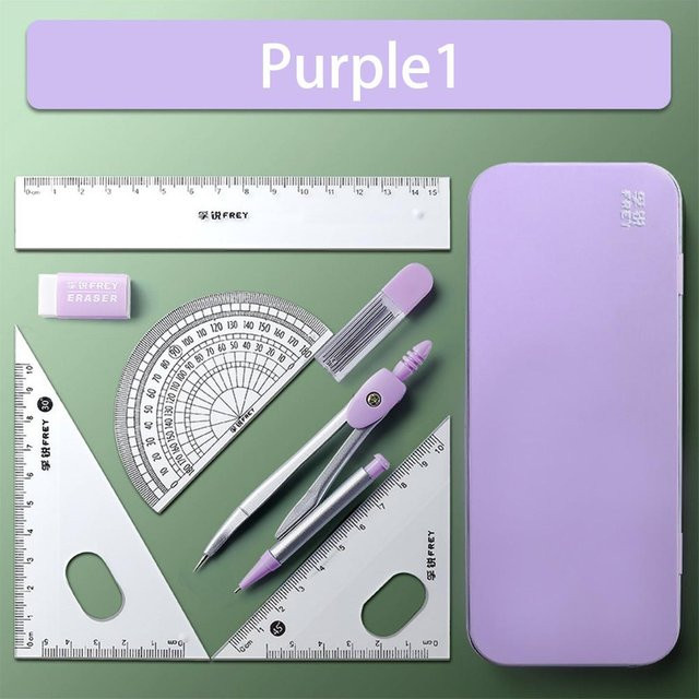 FEIJIEAST Geometrisches Mathematik Zeichnung Werkzeug Set mit Kompass, Winkelmesser und Lineal in Violett, 7-teilig - Bild 1
