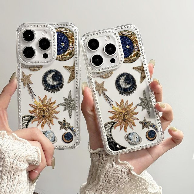 Caynes Transparente Handyhülle mit Sonne und Mond Design für iPhone 17 Pro Max 16 15 14 13 12 und iPad Air 11 stoßfeste Glitzer-Schutzhülle - Bild 1