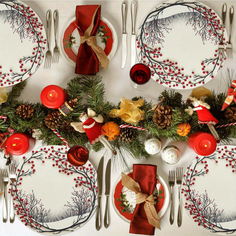 VIKAMA 4er Set Tischsets aus Leinen im nordischen Design mit Schneelandschaft und roten Beeren, rund, Mehrfarbig - Bild 2