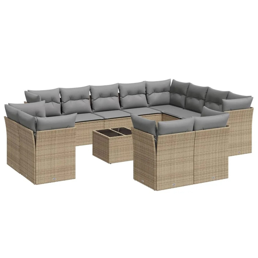 vidaXL 13-teilige Garten-Sofagarnitur in U-Form aus Poly-Rattan in Beige-Grau mit Kissen und Gartentisch - Bild 2