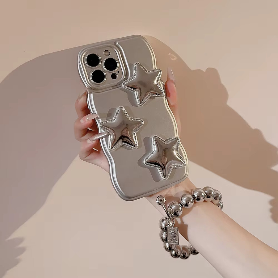 MUQGEW Handyhülle mit 3D Puff Star Design und Armbandkette für iPhone 11 bis 16 Pro Max, silber, stoßfeste Abdeckung - Bild 4