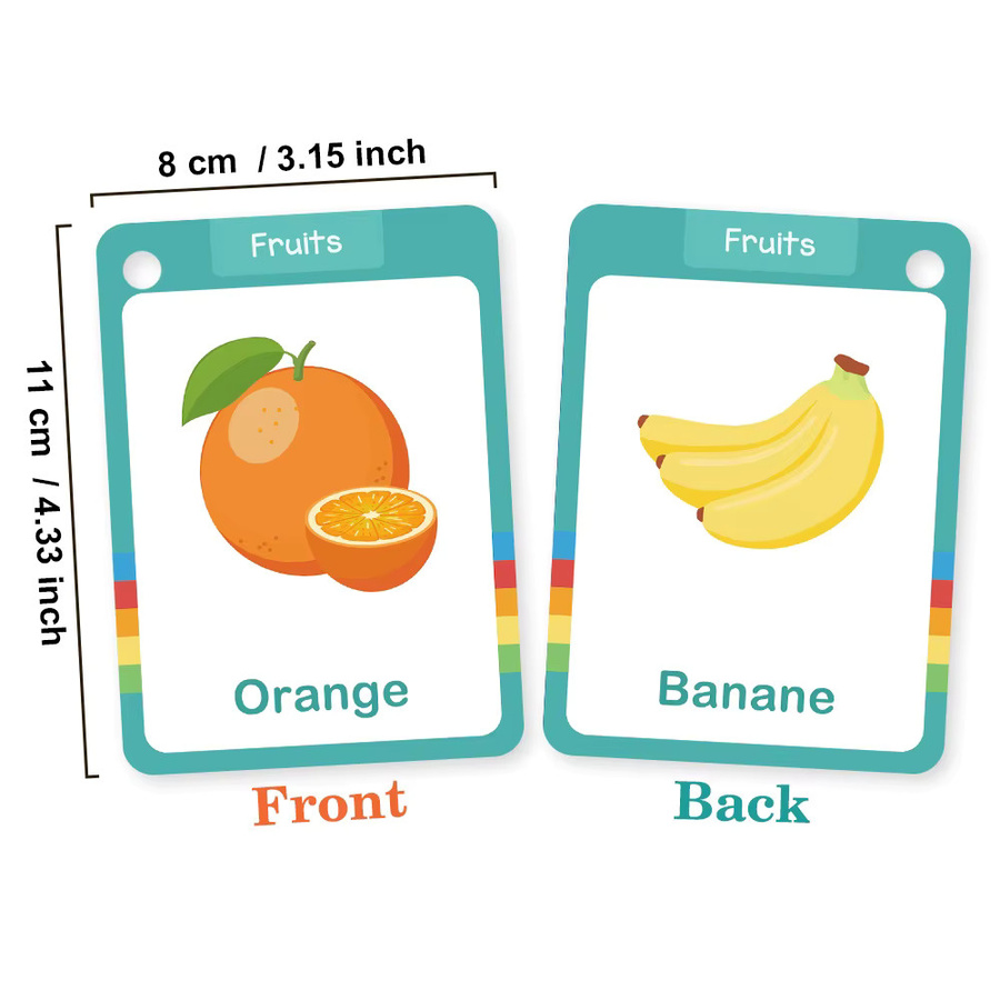 QKX 25 Stück französische Wortschatz-Lernkarten für Obst und Gemüse, doppelseitige Lernkarten für Kinder in Mehrfarbig - Bild 1