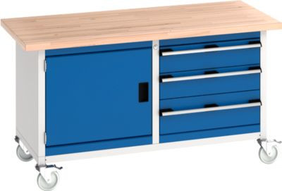 Bott Kastenwerkbank Cubio mit 3 Schubladen, 1 Tür und 4 Lenkrollen, Buche-Massiv, B 1500 x T 750 x H 840 mm, enzianblau/lichtgrau - Bild 1